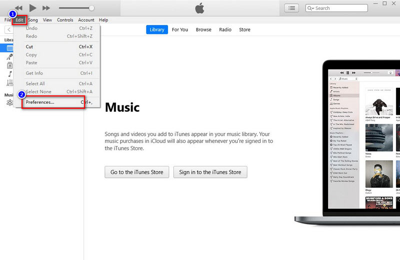 iTunes Vælg Rediger for at vælge præferencer