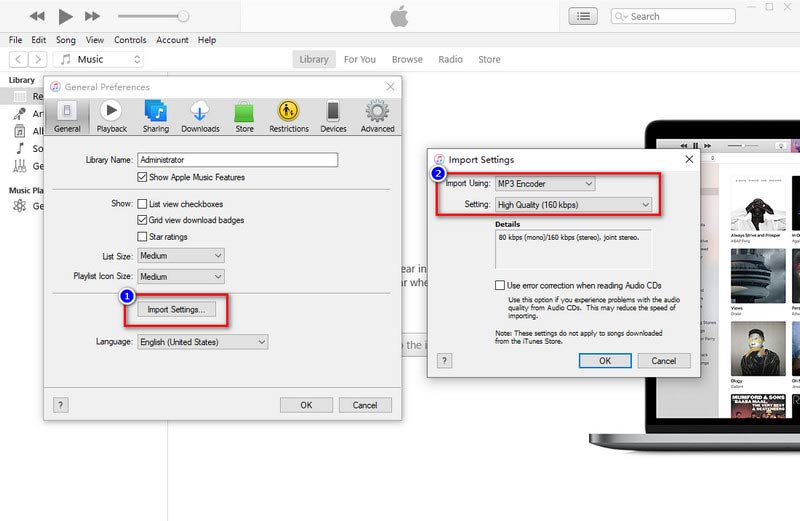 iTunes Válassza az Importálási beállítás MP3 és minőség lehetőséget