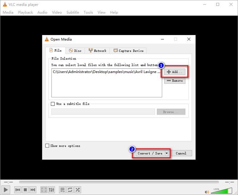 VLC Tilføj filer til konvertering