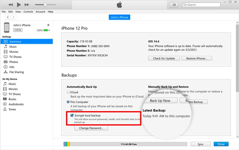 iTunes crittografa il backup locale