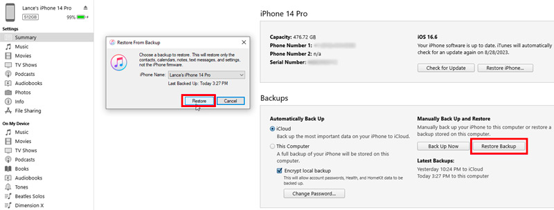 Gjenopprett iPhone fra iTunes etter sikkerhetskopiering