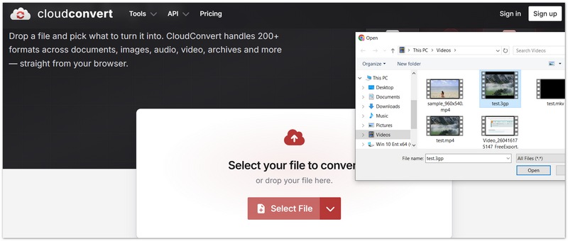 Select 3GP File in CloudConvert