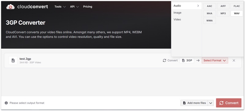 Select WAV in CloudConvert