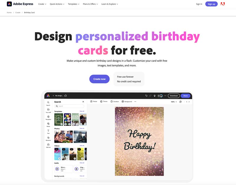 Adobe Express Design e-születésnapi kártya online