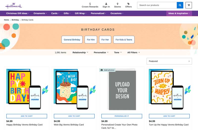 Hallmark Vytvářejte virtuální přání k narozeninám online