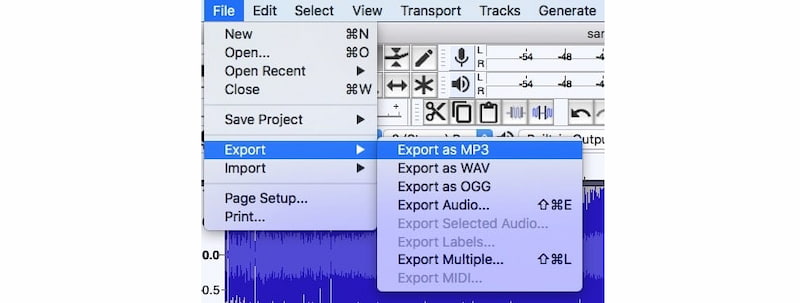 Seleziona il formato di output su Audacity