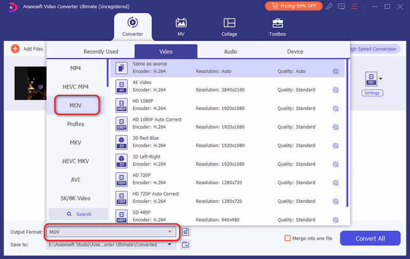 Seleziona il formato di output