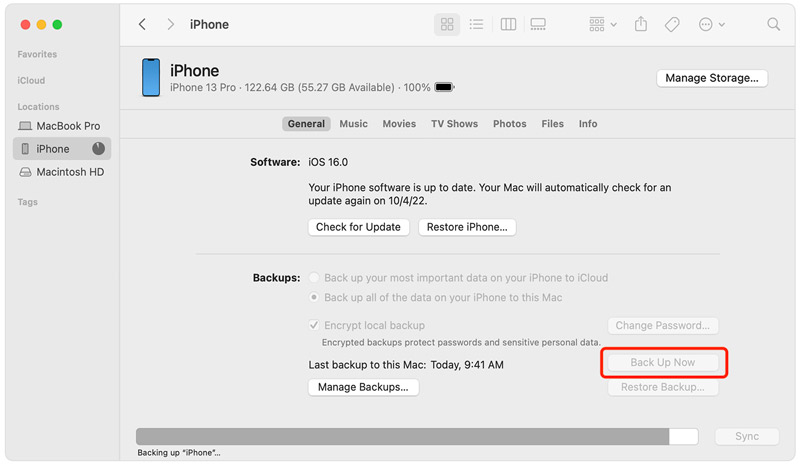 Резервное копирование данных iPhone на Mac с помощью Finder