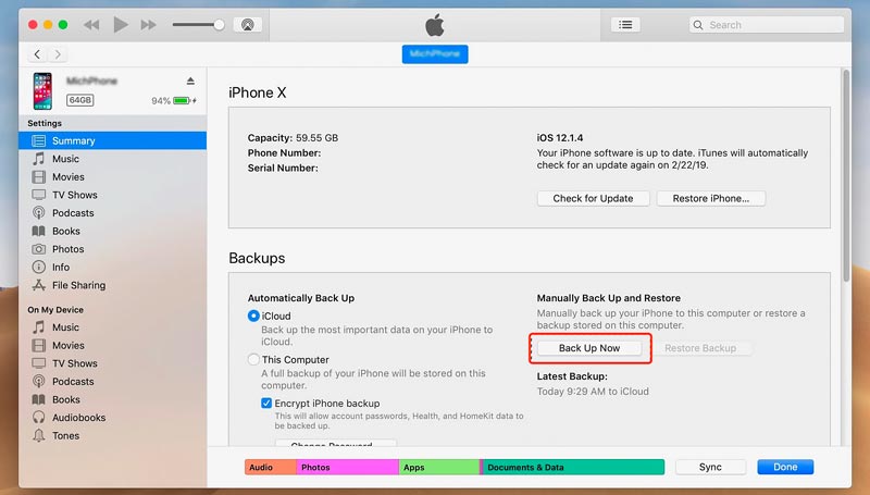 Maak een back-up van de iPhone op iTunes op Mac