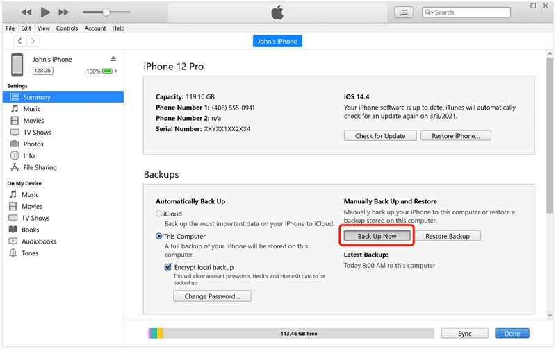 Maak een back-up van de iPhone op iTunes op Windows