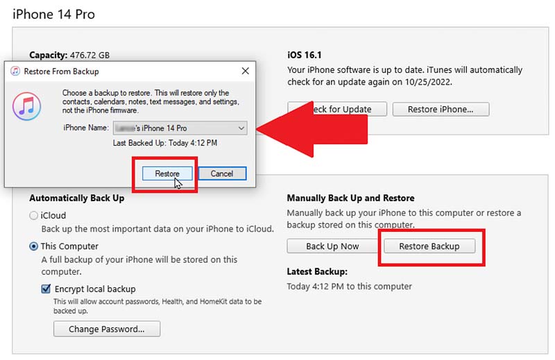 Gendan iPhone 14 fra iTunes Backup