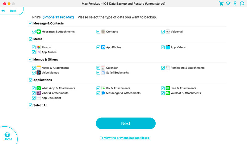 Seleziona Tipi di dati iOS di cui eseguire il backup