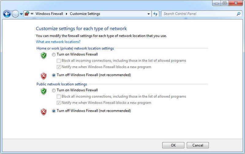 Disattivare il firewall