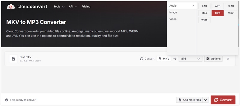 Choose MP3 in CloudConvert