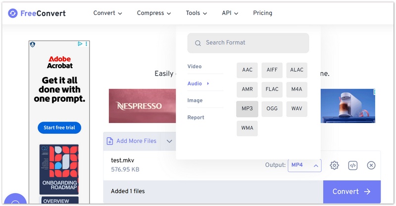 Choose MP3 in FreeConvert