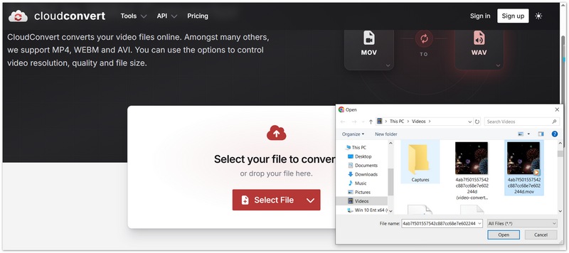 CloudConvert Select MOV File