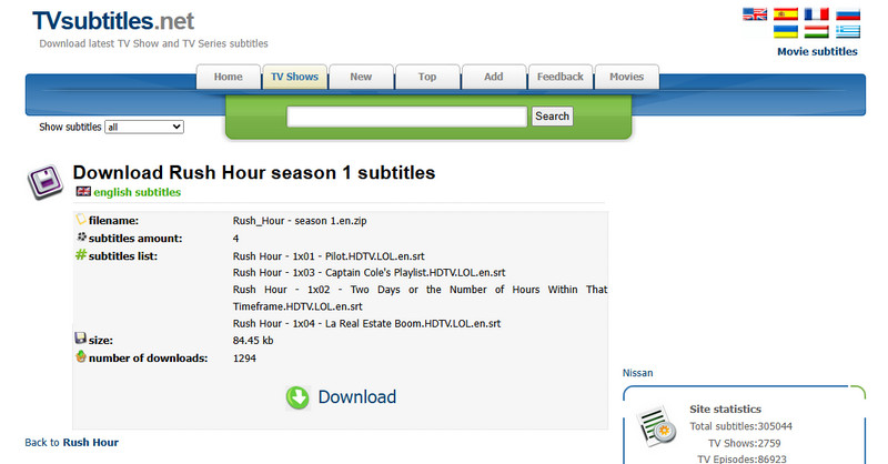 TVSubtitles Episode Language