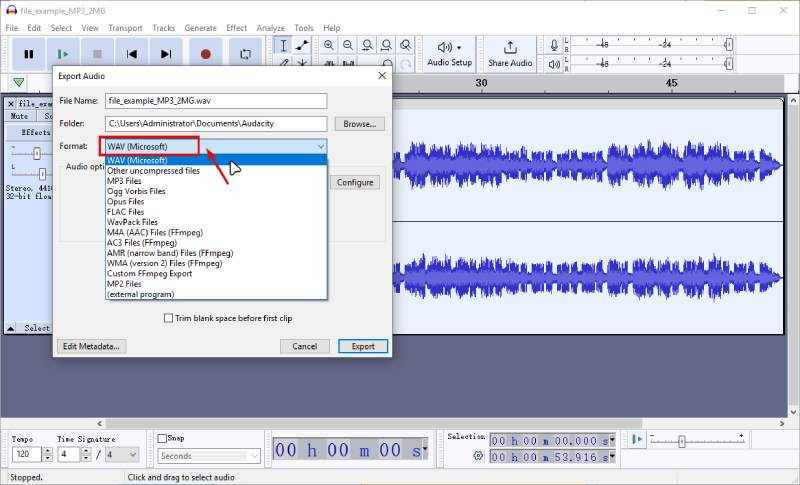 Audacity Esporta MP3 in M4A