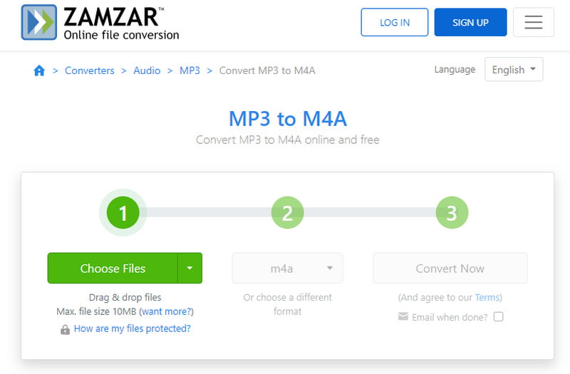 Zamzar 파일 MP3를 M4A로 선택