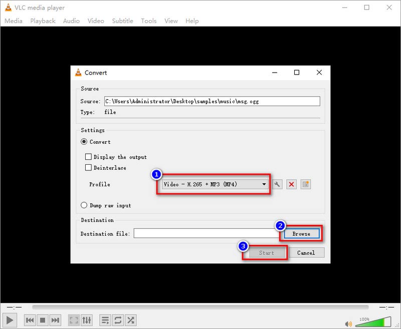 VLC Přidat Vyberte MP4 Output a Start