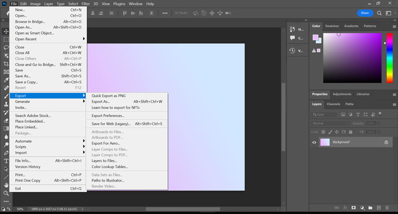 Menu di esportazione di Photoshop