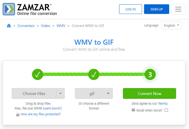 Zamzar Konverter nå WMV til GIF Converter