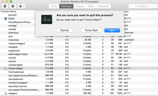 Trova iTunes Helper ed esci dal processo