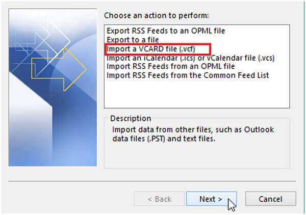 Открыть VCF файл с помощью Outlook
