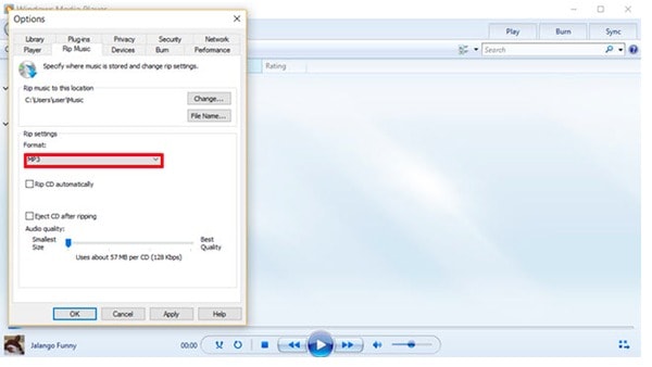 Převod AAC na MP3 v programu Windows Media Player