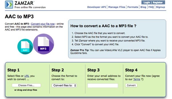 Konverter AAC-fil til MP3 Online Zamzar