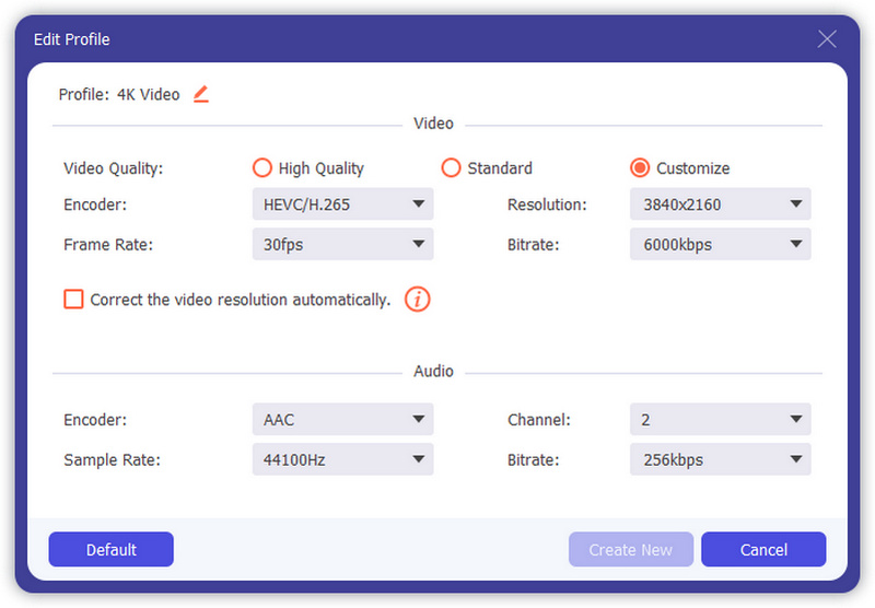 Personalizza i parametri video e audio