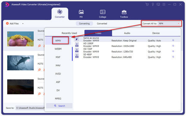 Seleziona WMV come formato di output