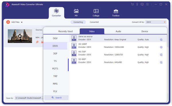 Set DivX as the output format