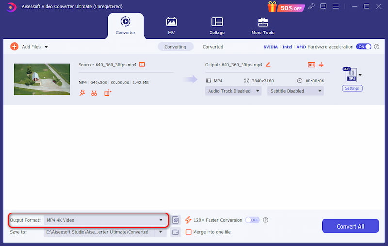 Click Output Format to 4K Resolution