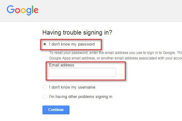 Fai clic su Non conosco la mia password