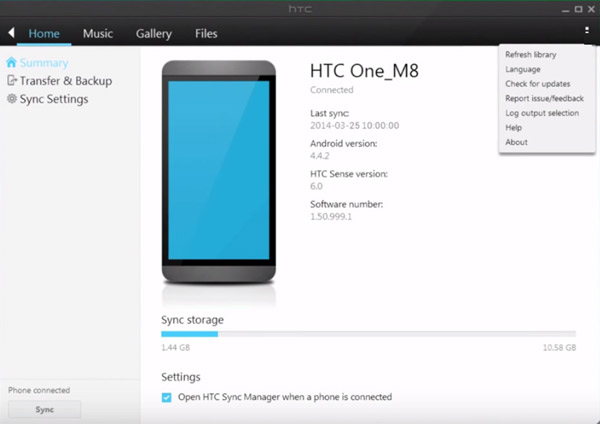 Интерфейс HTC Sync Manager